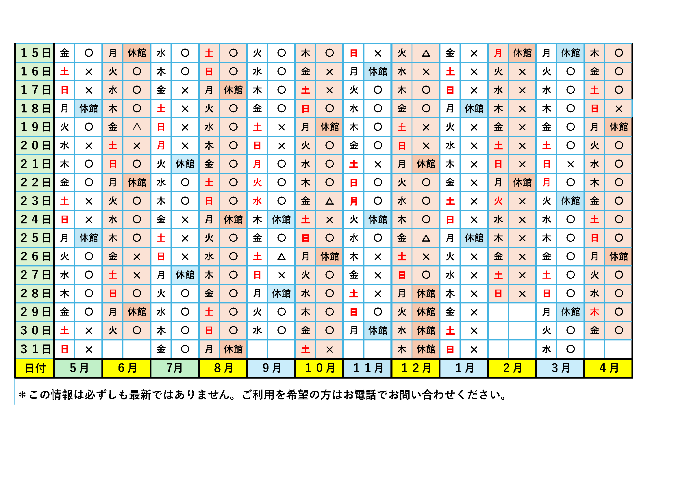 ホールの空き日状況のイメージ